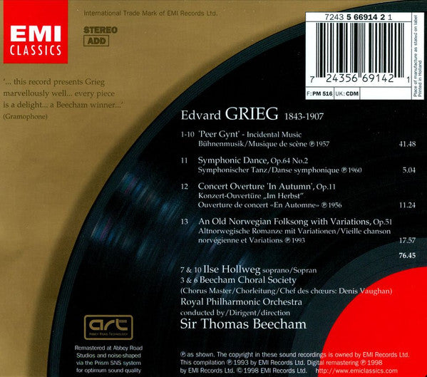 Grieg*, Royal Philharmonic Orchestra, Sir Thomas Beecham : Peer Gynt · Symphonic Dance No.2 · In Autumn · Old Norwegian Folksong With Variations (CD, Album, RE, RM)