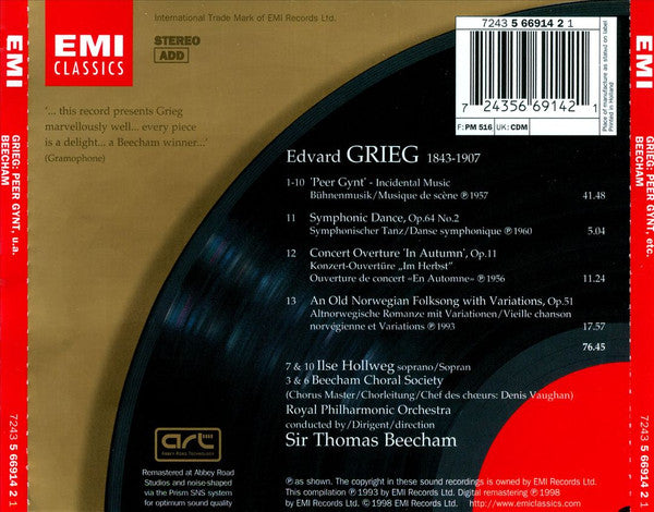 Grieg*, Royal Philharmonic Orchestra, Sir Thomas Beecham : Peer Gynt · Symphonic Dance No.2 · In Autumn · Old Norwegian Folksong With Variations (CD, Album, RE, RM)