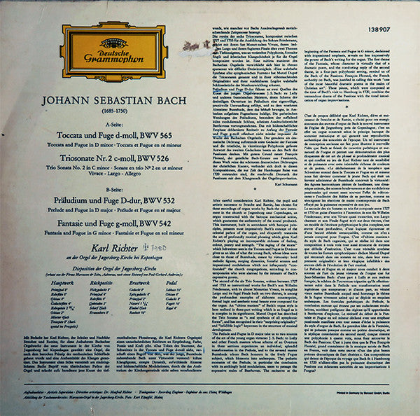 Johann Sebastian Bach – Karl Richter : Toccata Und Fuge d-moll, BWV 565 · Triosonate Nr. 2 c-moll, BWV 526 · Präludium Und Fuge D-dur, BWV 532 · Fantasie Und Fuge g-moll, BWV 542 (LP, RP, Ber)