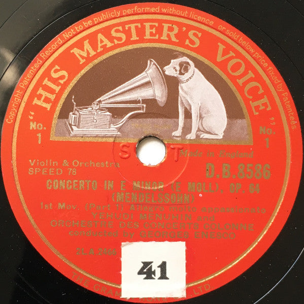 Yehudi Menuhin And Orchestre Des Concerts Colonne* Conducted By Georges Enesco* / Yaltah* & Yehudi Menuhin : Concerto In E Minor (E Moll), Op. 64 / Andantino Sostenuto E Cantabile (4xShellac, 12", Album, RP, ST)