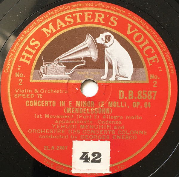 Yehudi Menuhin And Orchestre Des Concerts Colonne* Conducted By Georges Enesco* / Yaltah* & Yehudi Menuhin : Concerto In E Minor (E Moll), Op. 64 / Andantino Sostenuto E Cantabile (4xShellac, 12", Album, RP, ST)