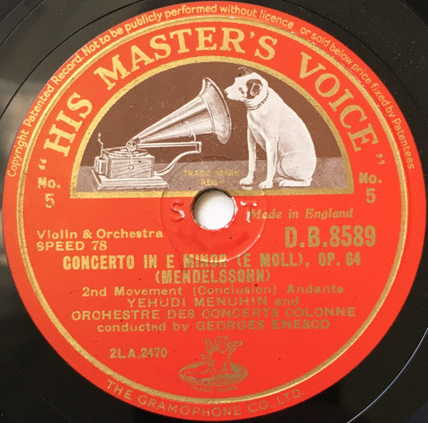 Yehudi Menuhin And Orchestre Des Concerts Colonne* Conducted By Georges Enesco* / Yaltah* & Yehudi Menuhin : Concerto In E Minor (E Moll), Op. 64 / Andantino Sostenuto E Cantabile (4xShellac, 12", Album, RP, ST)