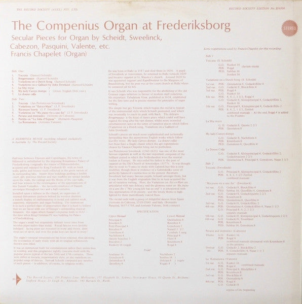 Francis Chapelet : The Compenius Organ At Frederiksborg: Secular Pieces From The 17th Century (LP, Album, Club, RE)
