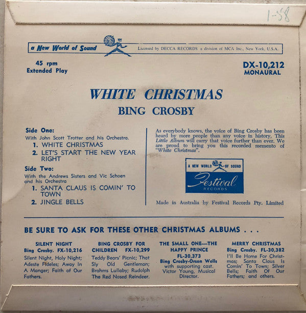 Bing Crosby : White Christmas (7", EP, Mono)