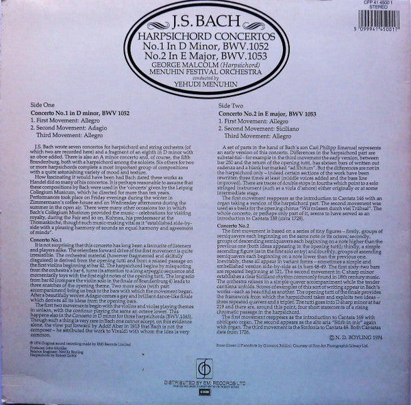 Johann Sebastian Bach, Yehudi Menuhin, George Malcolm, Menuhin Festival Orchestra : Harpsichord Concertos (LP, RE)