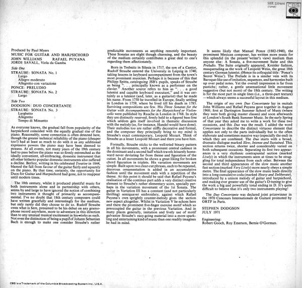 John Williams (7), Rafael Puyana : Music For Guitar And Harpsichord By Straube, Ponce, And Dodgson (LP, Album)
