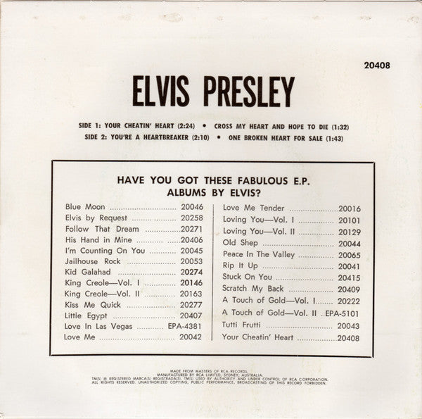 Elvis* : Your Cheatin' Heart (7", EP, RE)