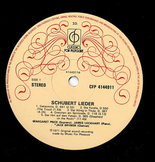 Margaret Price Sings Franz Schubert With James Lockhart, Jack Brymer : Margaret Price Sings Schubert Lieder (LP)