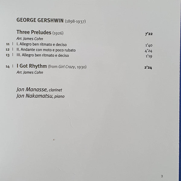 Jon Manasse, Jon Nakamatsu : American Music for Clarinet & Piano (CD, Album)