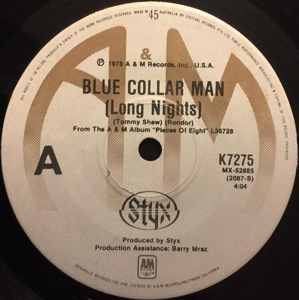 Styx : Blue Collar Man (Long Nights) (7", Single)