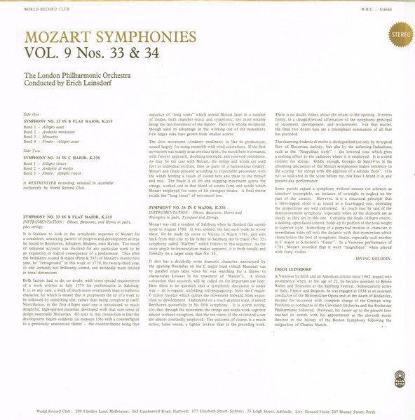 Mozart* / The London Philharmonic Orchestra* Conducted By Erich Leinsdorf : Symphonies Vol. 9 Nos. 33 & 34 (LP, Album, Club, RE)