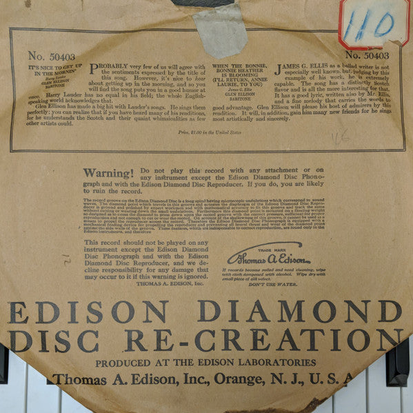 Glen Ellison : When The Bonnie, Bonnie Heather Is Blooming (I'll Return Annie Laurie To You) / It's Nice To Get Up In The Mornin' (Edison Disc, Etc)