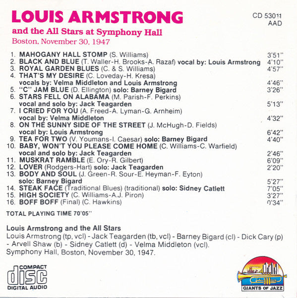 Louis Armstrong And His All-Stars : Louis Armstrong And The All Stars At Symphony Hall (CD, Album, RE)