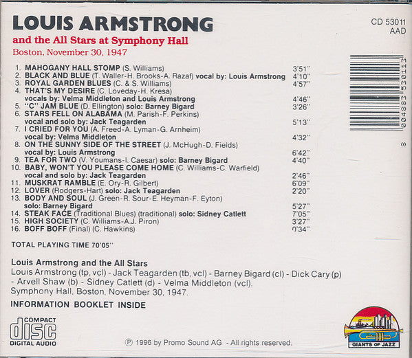 Louis Armstrong And His All-Stars : Louis Armstrong And The All Stars At Symphony Hall (CD, Album, RE)