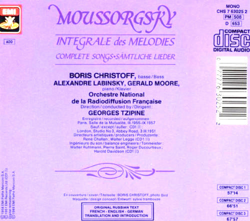 Moussorgsky* / Boris Christoff, Alexandre Labinsky, Gerald Moore, Orchestre National de la Radiodiffusion Française*, Georges Tzipine : Intégrale Des Melodies / Complete Songs / Sämtliche Lieder (3xCD, Album, Mono, RM)