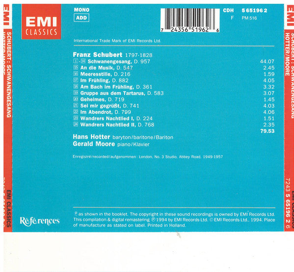 Schubert* – Hans Hotter, Gerald Moore : Schwanengesang (CD, Comp, Mono, RM)