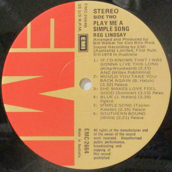 Reg Lindsay : Play Me A Simple Song (LP, Album)