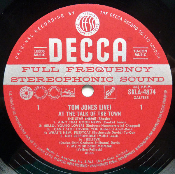 Tom Jones : Tom Jones Live! At The Talk Of The Town (LP)