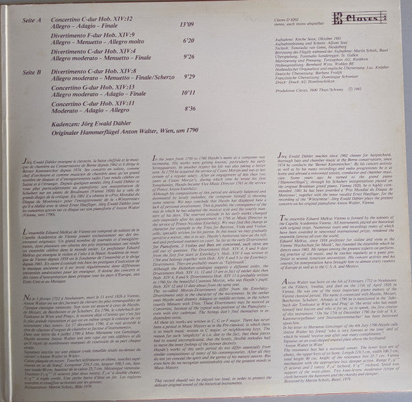 Joseph Haydn, Jörg Ewald Dähler, Ensemble Eduard Melkus : Divertimenti Und Concertini Fur Clavier Und Streicher (LP)
