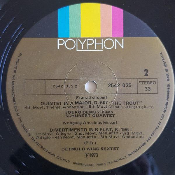 Schubert* - Wolfgang Amadeus Mozart, Jörg Demus • Schubert Quartet* : Trout Quintet, Divertimento In B Flat Major (LP, Album)