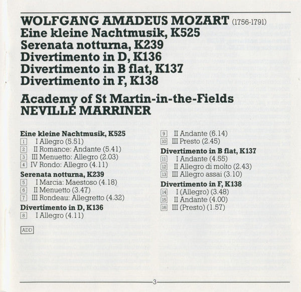 Wolfgang Amadeus Mozart Mozart The Academy Of St. Martin-in-the-Fields, Neville Marriner* : Eine Kleine Nachtmusik, Serenata Notturna, Divertimenti K. 136-138 (CD, Comp, RM)