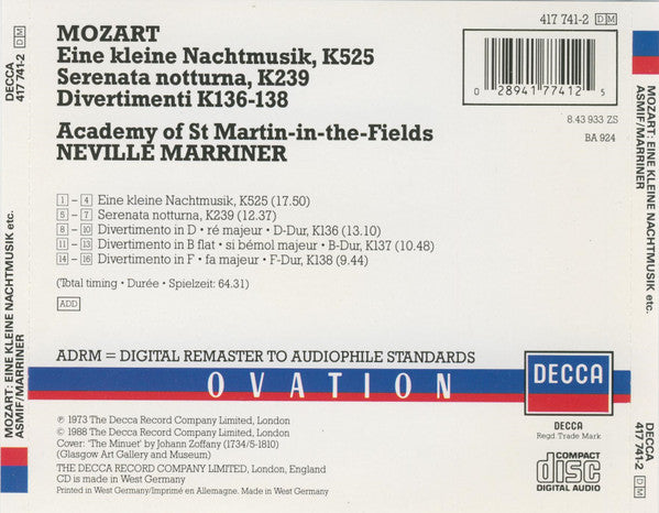 Wolfgang Amadeus Mozart Mozart The Academy Of St. Martin-in-the-Fields, Neville Marriner* : Eine Kleine Nachtmusik, Serenata Notturna, Divertimenti K. 136-138 (CD, Comp, RM)