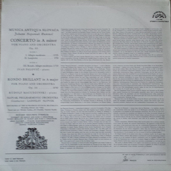 Johann Nepomuk Hummel, Ivan Palovič, Rudolf Macudziński, Slovak Philharmonic Orchestra, Ladislav Slovák : Concerto In A Minor For Piano And Orchestra / Rondo Brillant (LP)