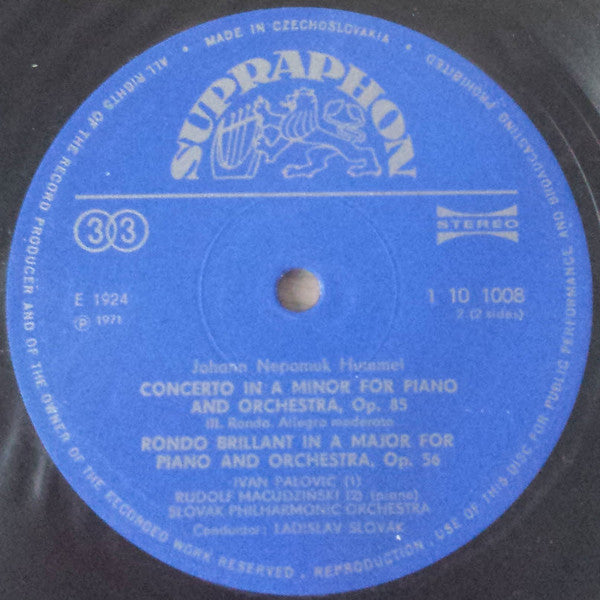 Johann Nepomuk Hummel, Ivan Palovič, Rudolf Macudziński, Slovak Philharmonic Orchestra, Ladislav Slovák : Concerto In A Minor For Piano And Orchestra / Rondo Brillant (LP)