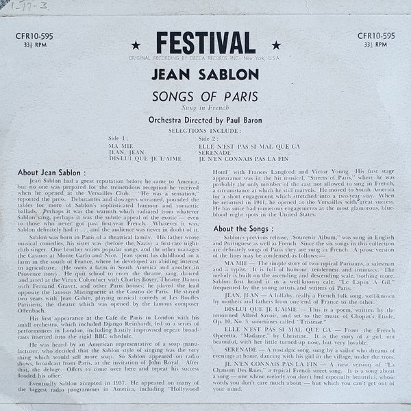 Jean Sablon : Songs Of Paris (10", MiniAlbum, Mono)