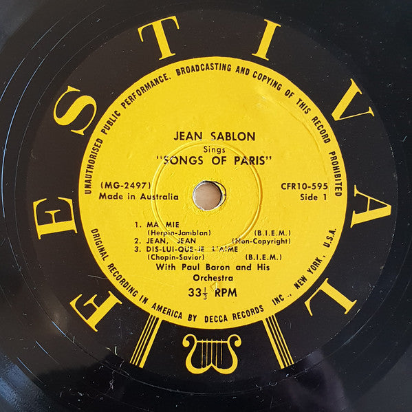 Jean Sablon : Songs Of Paris (10", MiniAlbum, Mono)