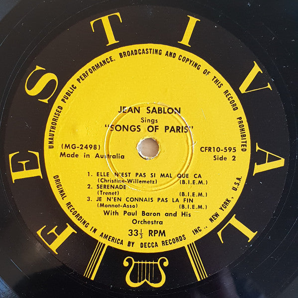 Jean Sablon : Songs Of Paris (10", MiniAlbum, Mono)