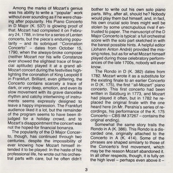 Wolfgang Amadeus Mozart - Murray Perahia, English Chamber Orchestra : Piano Concerto No. 26, K. 537 "Coronation" / Rondos, K. 382 & 386 (CD)