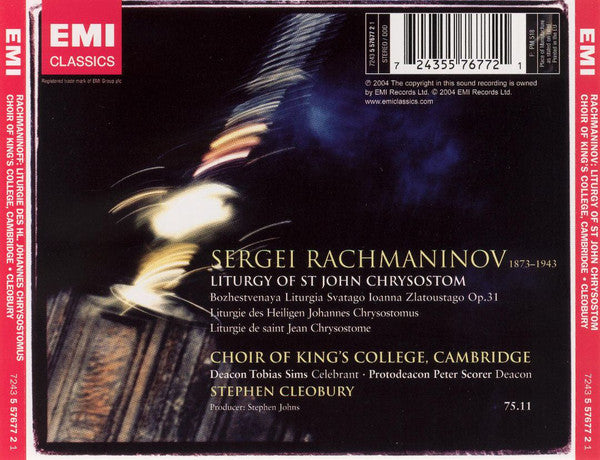 Sergei Vasilyevich Rachmaninoff, The King's College Choir Of Cambridge, Stephen Cleobury : Liturgy Of St John Chrysostom (CD, Album)