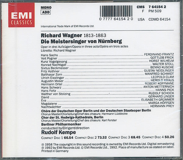 Wagner*, Rudolf Kempe, Berliner Philharmoniker : Die Meistersinger Von Nürnberg (4xCD, Album, Mono, RE)