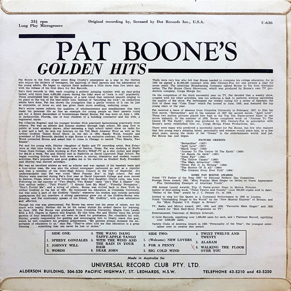 Pat Boone : Pat Boone's Golden Hits (LP, Comp, Club)