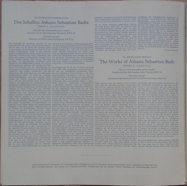 Johann Sebastian Bach — Dietrich Fischer-Dieskau, Hermann Töttcher - Kammerorchester Karl Ristenpart, Karl Ristenpart : "Ich Will Den Kreuzstab Gerne Tragen" / "Ich Habe Genug" (LP, Mono, RE)