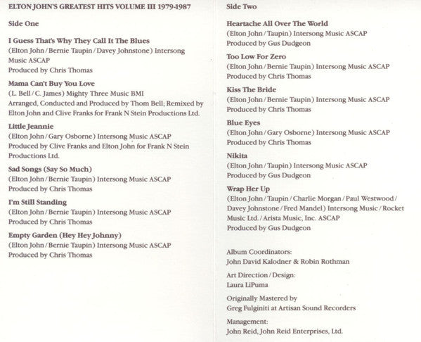 Elton John : Greatest Hits (Volume III 1979-1987) (Cass, Comp, Dol)