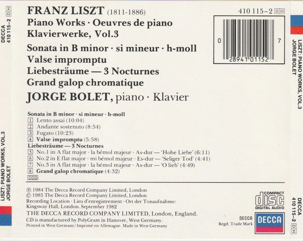 Franz Liszt, Jorge Bolet : Piano Works • Oeuvres de Piano • Klavierwerke, Vol. 3 (CD)
