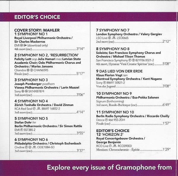 Various : Conducting Mahler - Hear Gramophone's Featured Maestros Performing Excerpts From All 10 Symphonies And Das Lied Von Der Erde (CD, Comp, Promo, Smplr)