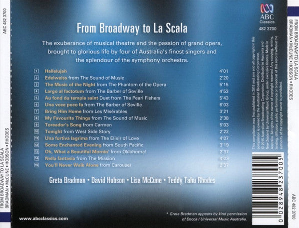 Greta Bradman | David Hobson | Lisa McCune | Teddy Tahu Rhodes : From Broadway To La Scala (CD, Album)