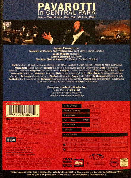 Luciano Pavarotti : Pavarotti In Central Park (DVD-V, NTSC, Reg)
