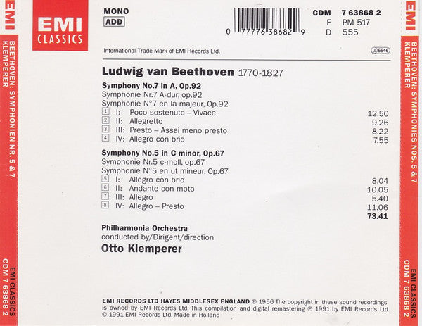 Ludwig van Beethoven - Philharmonia Orchestra, Otto Klemperer : Symphonien 5 & 7 / 1955 Mono Recordings (CD, Comp, Mono, RM)