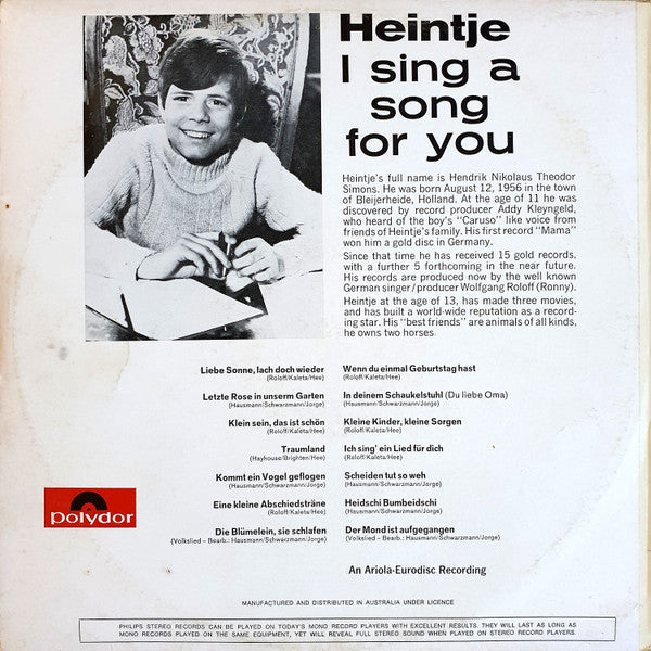 Heintje : I Sing A Song For You (Ich Sing' Ein Lied Für Dich) (LP, Album)