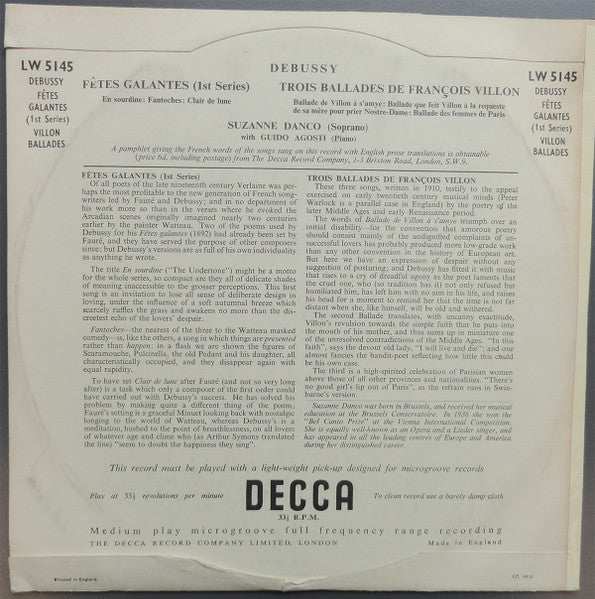 Debussy* / Suzanne Danco With Guido Agosti : Fêtes Galantes (1st Series) / Trois Ballades De François Villon (10", Album, Mono)