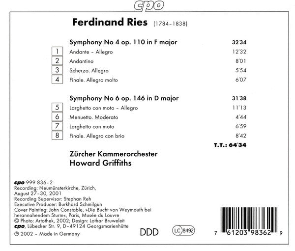 Ferdinand Ries – Zürcher Kammerorchester, Howard Griffiths : Symphonies 4 & 6 (CD, Album)
