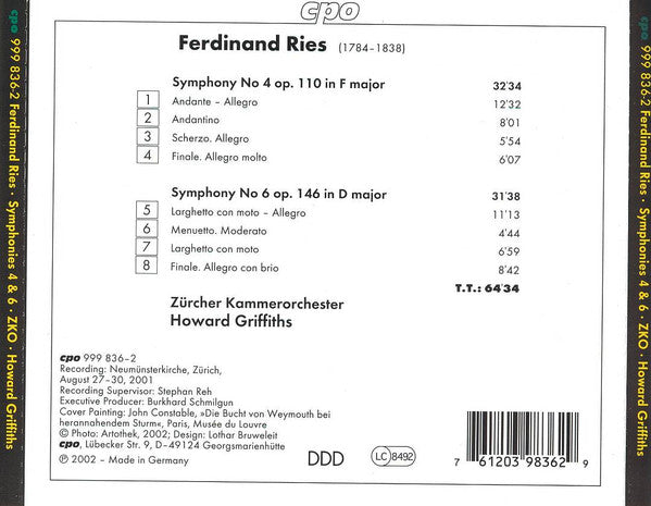 Ferdinand Ries – Zürcher Kammerorchester, Howard Griffiths : Symphonies 4 & 6 (CD, Album)