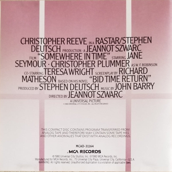 John Barry : Somewhere In Time (Original Motion Picture Soundtrack) (CD, Album, RE)