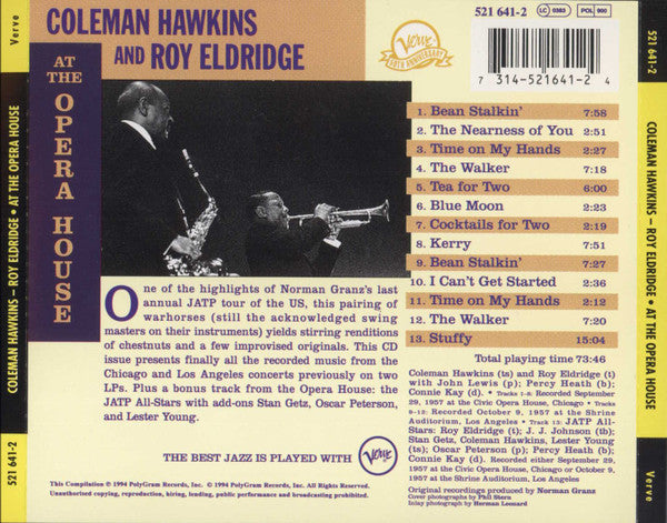 Coleman Hawkins And Roy Eldridge : At The Opera House (CD, Comp, Mono, RE, RM)