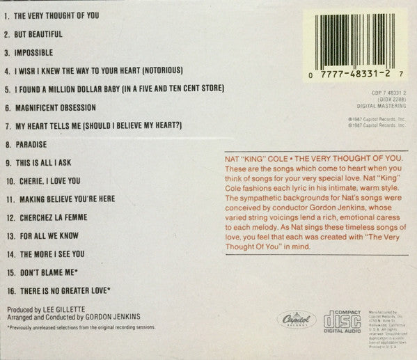 Nat "King" Cole*, Gordon Jenkins And His Orchestra : The Very Thought Of You (CD, Album, RE)