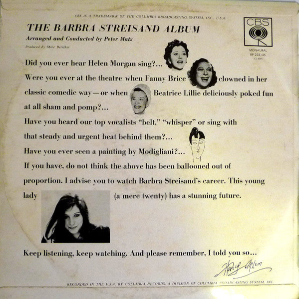Barbra Streisand : The Barbra Streisand Album (LP, Album, Mono)